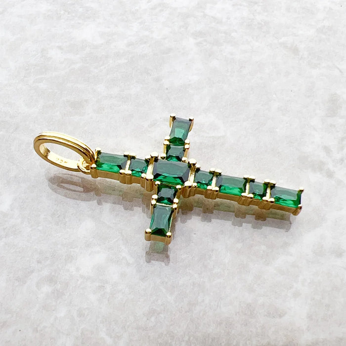 925 Sterling Silver Green Stone Cross Pendant Jewelry For Women