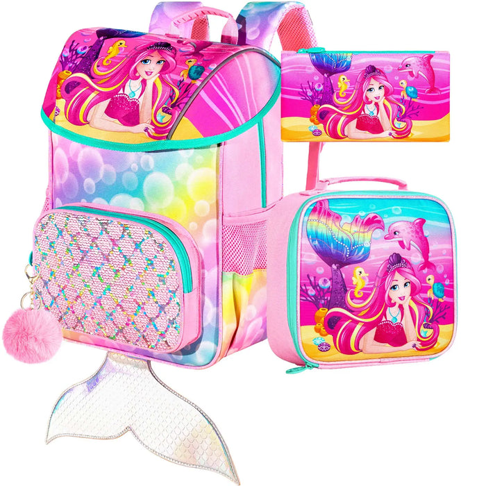 3 Piece Mermaid Backpack Set For Girls 15 Inch Sequin Bookbag With Lunch Box