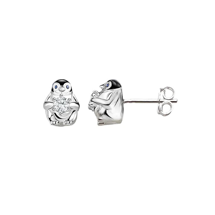 925 Sterling Silver Penguin Stud Earrings White Stone