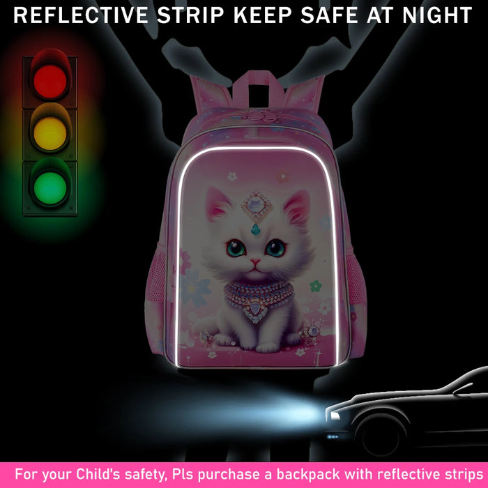 3 Piece Girls Backpack Set 16 Inch Cat Design For Elementary School With Lunch Box