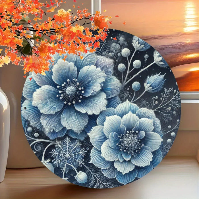 Blue Floral Wall Art 8X8 Inch Inch Iron Round Hanging Picture Garden Decor