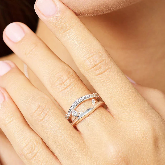 925 Sterling Silver Wave Ring With White Stones Trend Fine Jewelry For Women