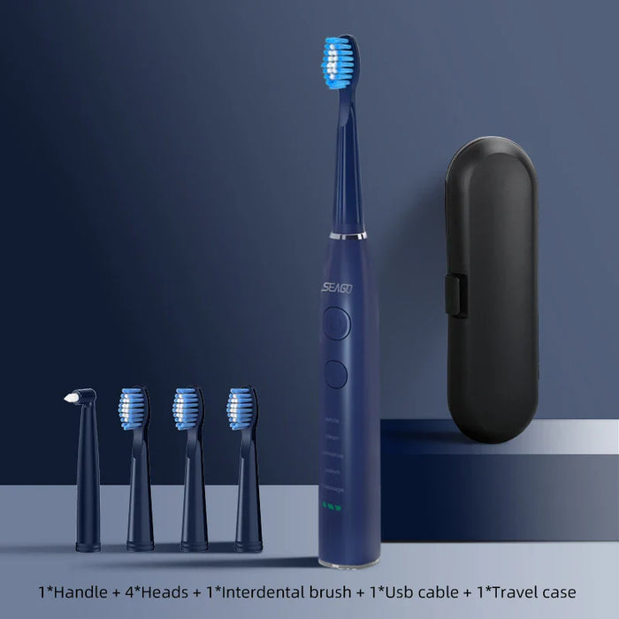 USB Rechargeable Sonic Toothbrush 360 Day Battery Ipx7 4 Heads With Travel Box