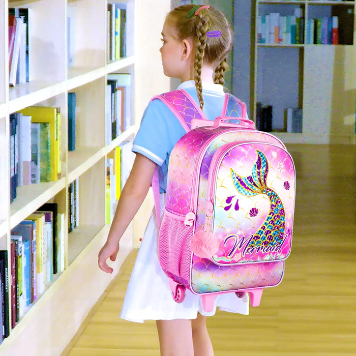 3 Piece Mermaid Rolling Backpack For Girls Water Resistant Uv Printed Fits Kids School Travel