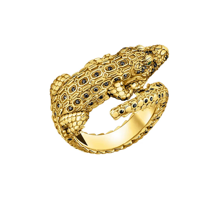 925 Sterling Silver Vintage Crocodile Ring Yellow Gold Plated Unisex