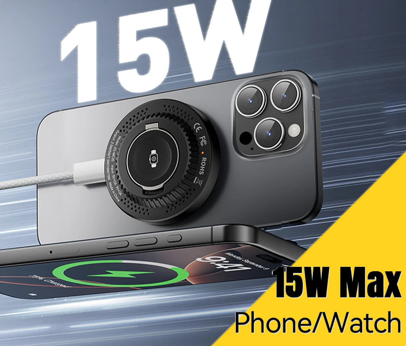 2-In-1 Magnetic Wireless Charger 15W With Holder Portable Fast Charging For Iphone 16 15 14 Pro Max Iwatch Huawei Xiaomi