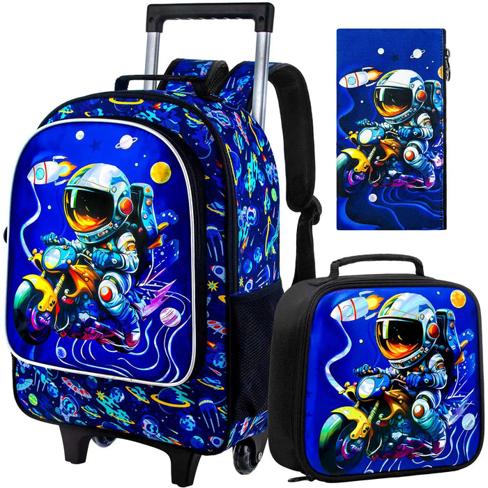 3 Piece Astronaut Rolling Backpack For Boys Water Resistant Uv Printed Fits Kids School Travel