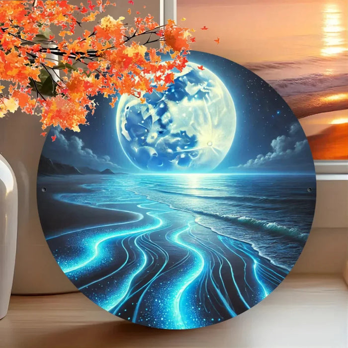 8 Round Metal Tin Sign Ocean Sky & Full Moon Wall Art With Blue Waves & Starry Night Design