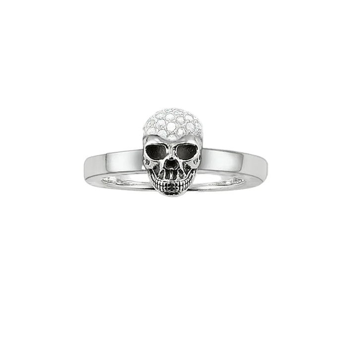925 Sterling Silver White Pave Skull Ring Glam European Style Jewelry For Women