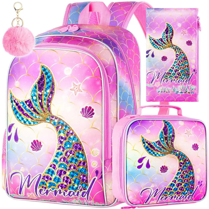 3 Piece Mermaid Backpack Set For Girls Water Resistant With Lunch Box L For Preschool And Toddler