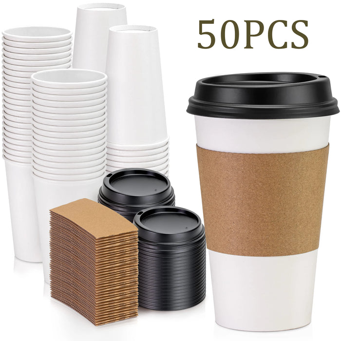 50 Pack 8 / 16Oz Eco Friendly Disposable Coffee Cups With Lids & Sleeves For Hot / Cold Drinks