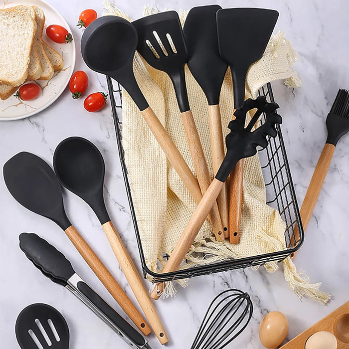 12 Piece Silicone Kitchen Utensil Set With Wooden Handles
