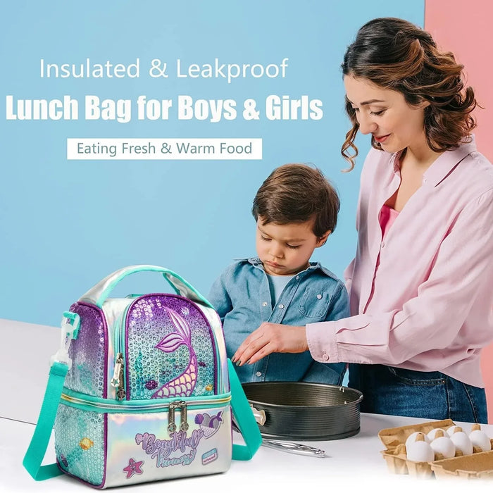 Kids Insulated Lunch Bag With Adjustable Strap High Capacity Bento Box For School Mermaid Sequin Design