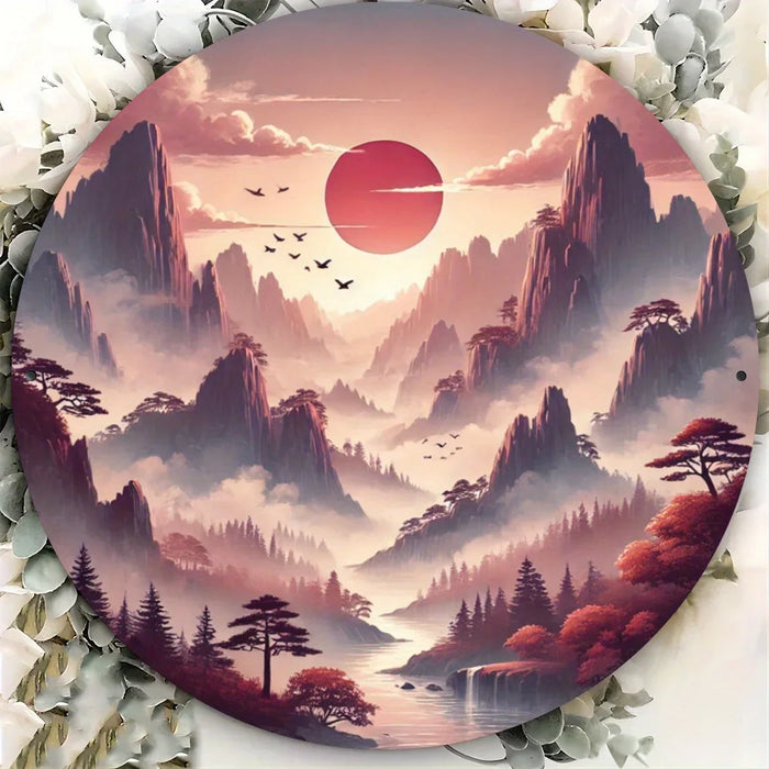 Round Tin Wall Art Mountain & Birds Landscape