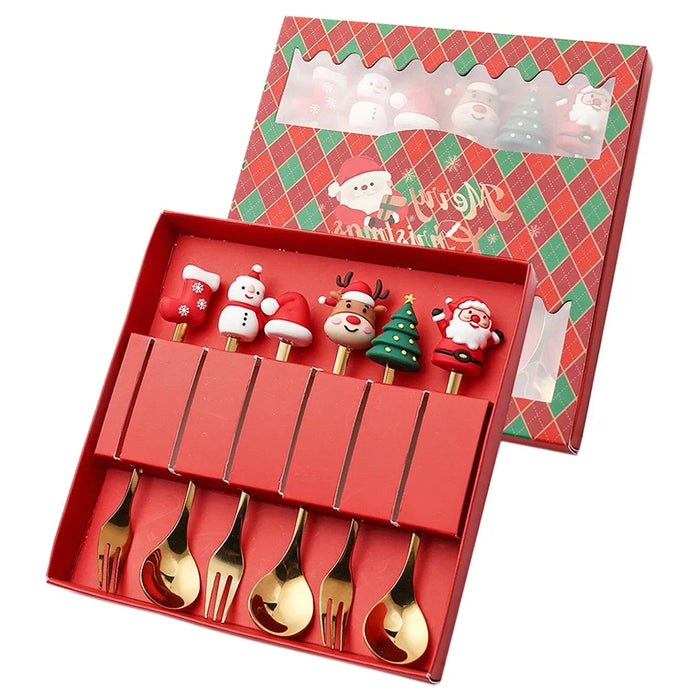 4 / 6 Piece Christmas Coffee Spoons & Forks Set Stainless Steel Red / Green Gift Box Kids' Gifts