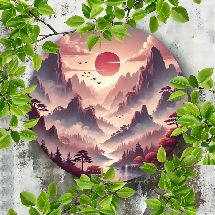 Round Tin Wall Art Mountain & Birds Landscape