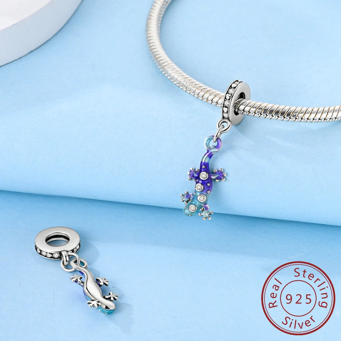 925 Sterling Silver Blue Purple Gecko Pendant Fits Bracelets Diy Gift
