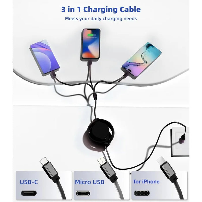 3 In 1 Fast Charging Cable For Phones Tablets Switch 3A 3Ft