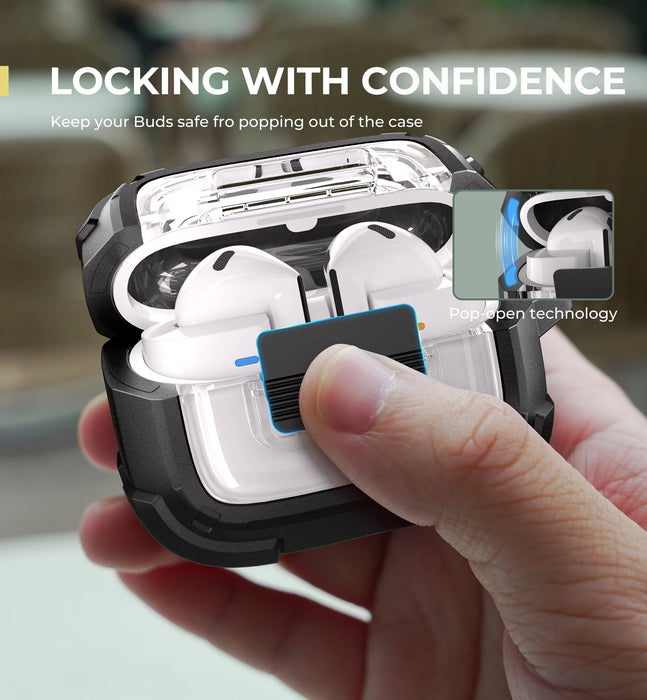 For Samsung Galaxy Buds3 Pro Shockproof Clear Protective Rugged Bumper Case With Secure Lock Carabiner Keyring