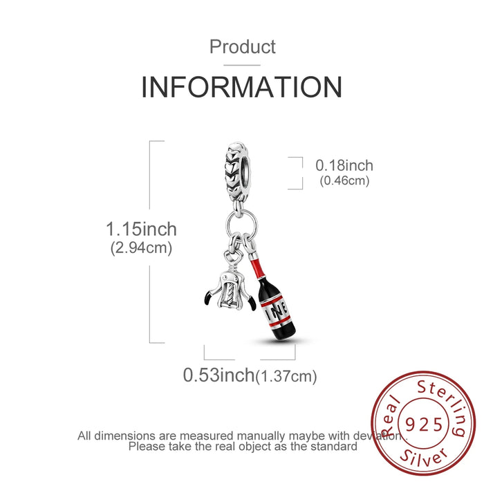 925 Sterling Silver Wine Opener Pendant Fits Bracelet / Necklace Diy Gift For Women