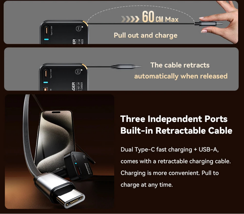 65W Usb C Car Charger 3 Ports With Retractable Cable Pd3.0 Qc3.0 30W Fast Charging For Iphone 16 15 Ipad Samsung Xiaomi