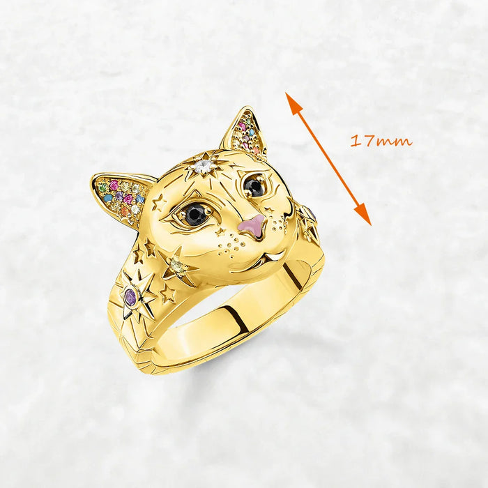 925 Sterling Silver Boho Cat Ring Gold Plated For Women