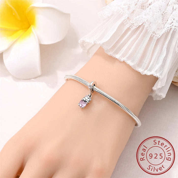 925 Sterling Silver Pink Cat Charm Pendant For Women Bracelet Diy Gift