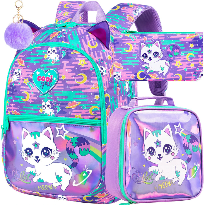 16.5 Inch Cat Backpack Set For Girls Waterproof Lightweight