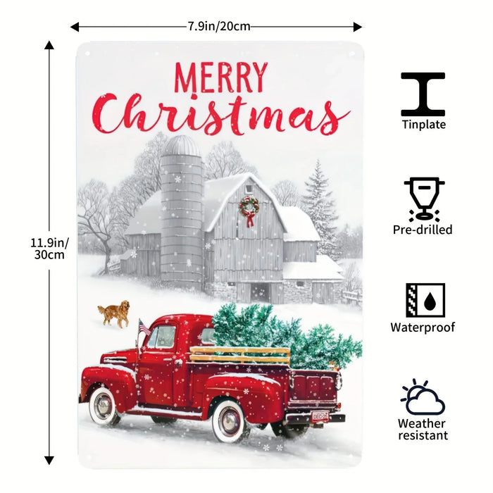 Metal Tin Sign Merry Christmas Red Truck Holiday Decor