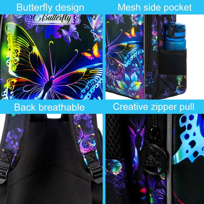 3 Piece 16 Inch Girls Butterfly Backpack Set With Lunch Box For School Preschool Kindergarten