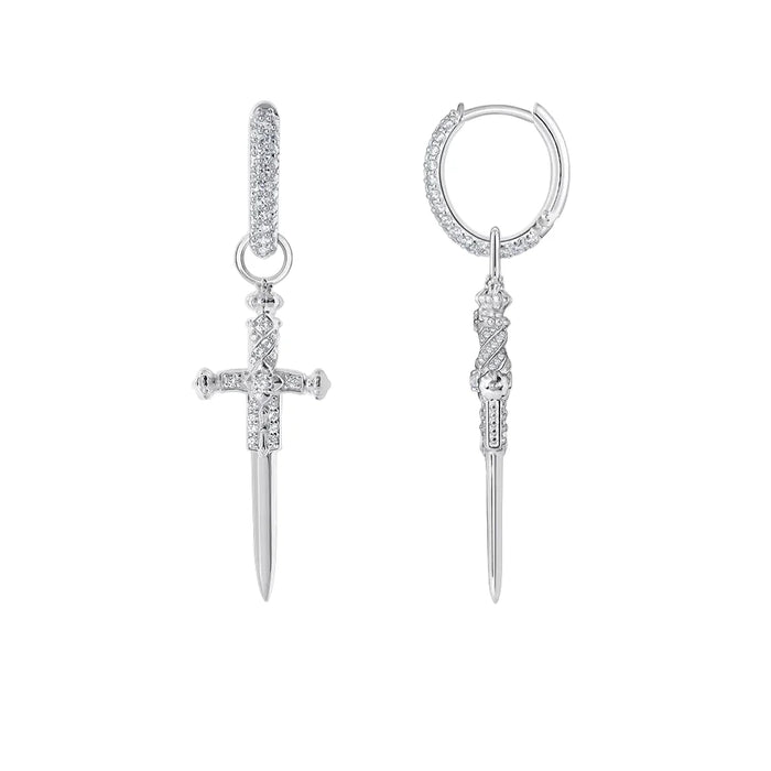 925 Sterling Silver Vintage Zircon Cross Hoop Earrings Men / Women