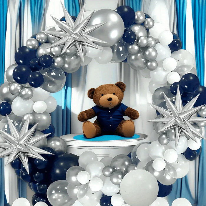114Pcs Birthday Balloon Arch Set Ink-Blue 18-Inch Silver Exploding Star Birthday Party Outdoor Party Universal Decoration House