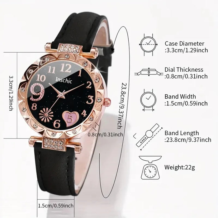 6 Piece Rhinestone Heart Dial Watch Bracelet Set