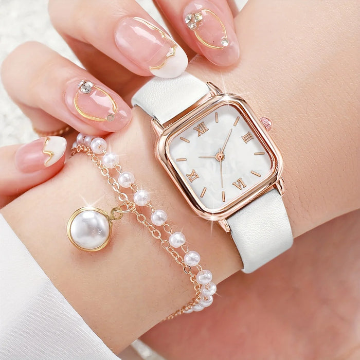 5 Piece Square Leather Band Quartz Movement Watch Set