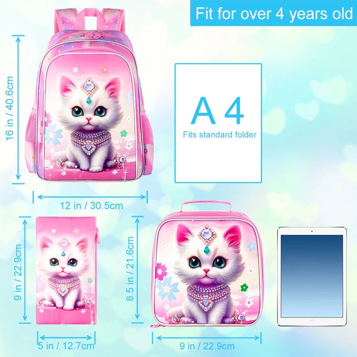 3 Piece Girls Backpack Set 16 Inch Cat Design For Elementary School With Lunch Box