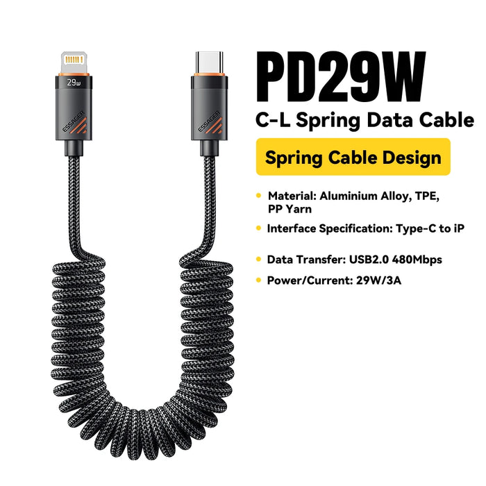 Car Spring Usb C To Lightning Cable Pd 29W Fast Charging For Apple Iphone14 13 12 11Pro Max Charger 1.8M Carplay Braided