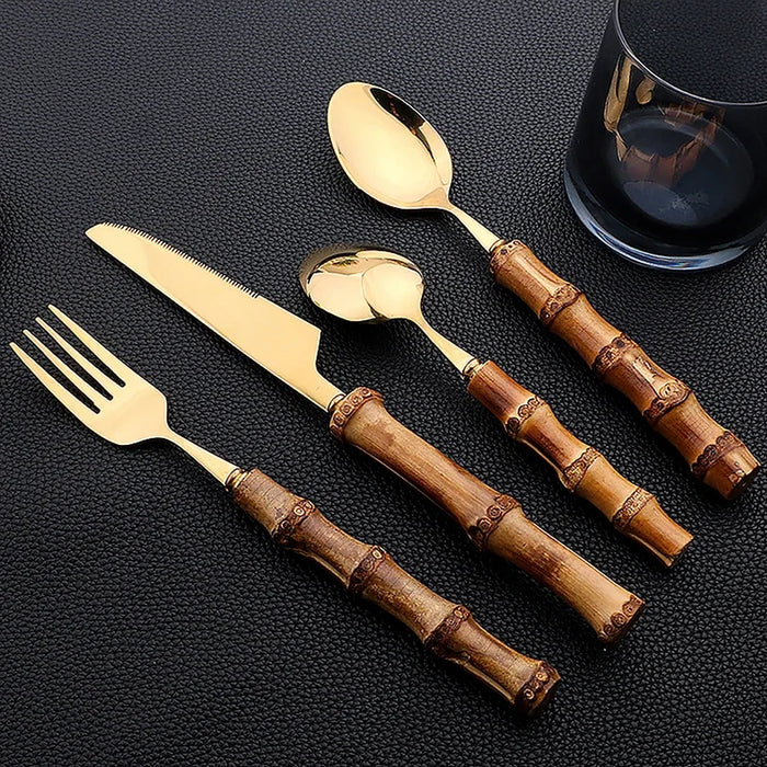 24 Piece Stainless Steel Bamboo Cutlery Set With Natural Handles