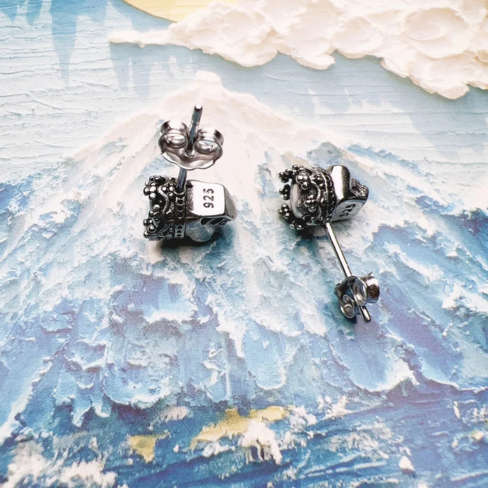 925 Sterling Silver Vintage Skull King Stud Earrings