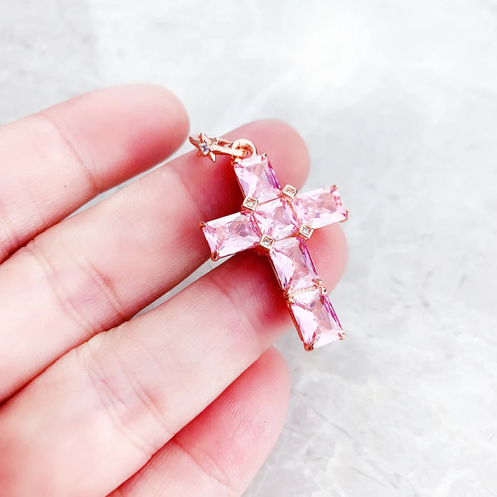 925 Sterling Silver Rose Gold Plated Cross Pendant With Pink Stones Fine Jewelry For Women Star Design Gift From Europe
