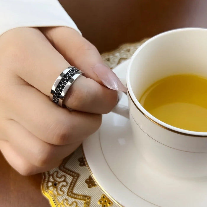 925 Sterling Silver Classic Black Zirconia Band Ring Europe Style Fine Jewelry Men & Women