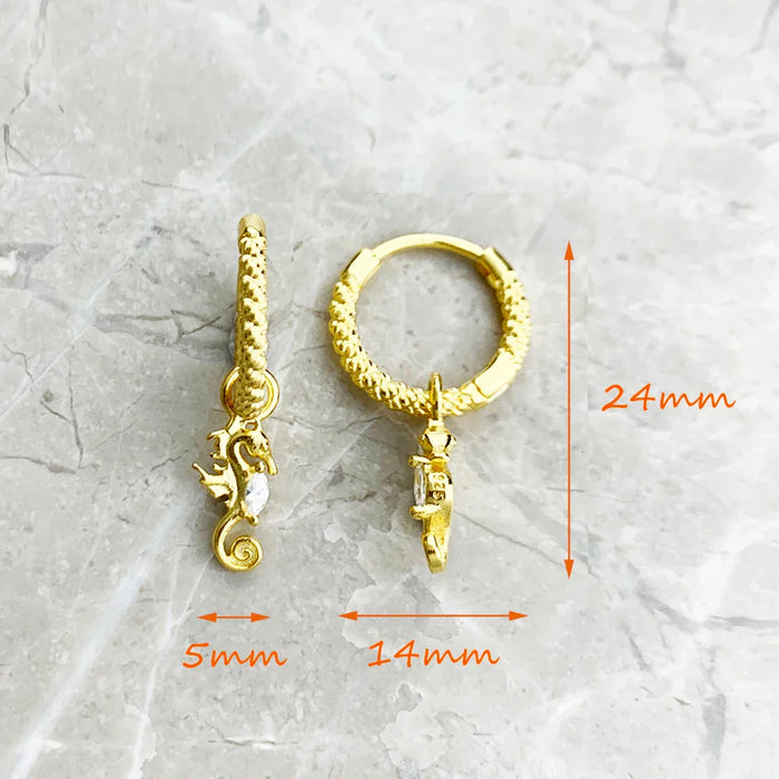 925 Sterling Silver Gold Seahorse Hinged Hoop Earrings