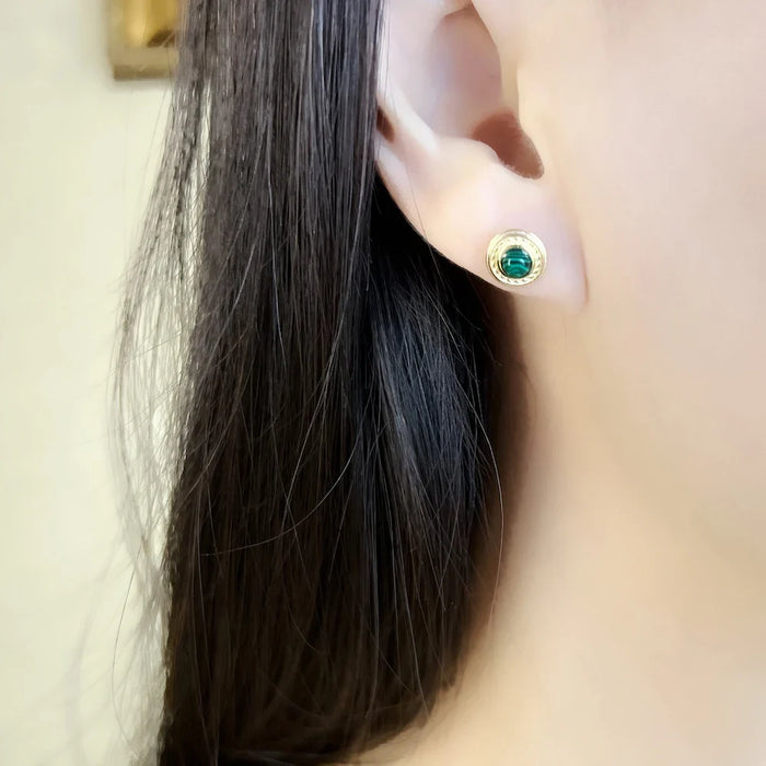 925 Sterling Silver Vintage Green Stone Gold Stud Earrings