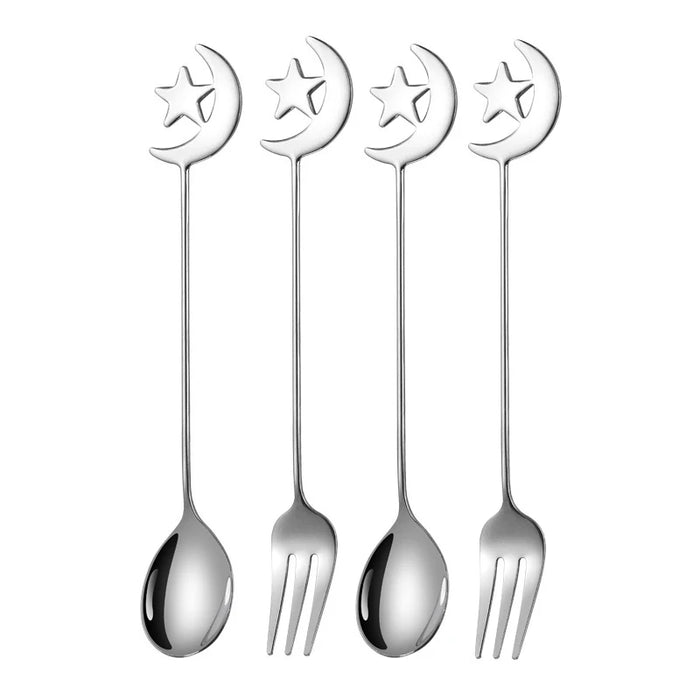 4 / 8 Piece Stainless Steel Star Moon Spoon & Fork Set For Coffee & Dessert
