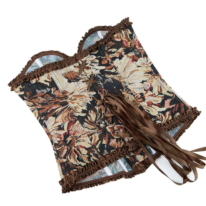 Brown Ruffled Lace-Up Boned Corset Retro Renaissance Victorian Style