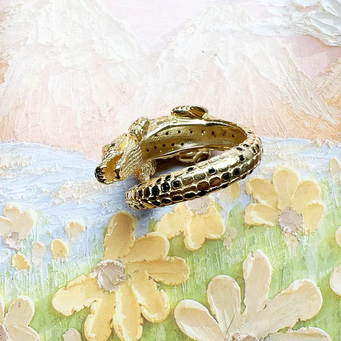 925 Sterling Silver Vintage Crocodile Ring Yellow Gold Plated Unisex