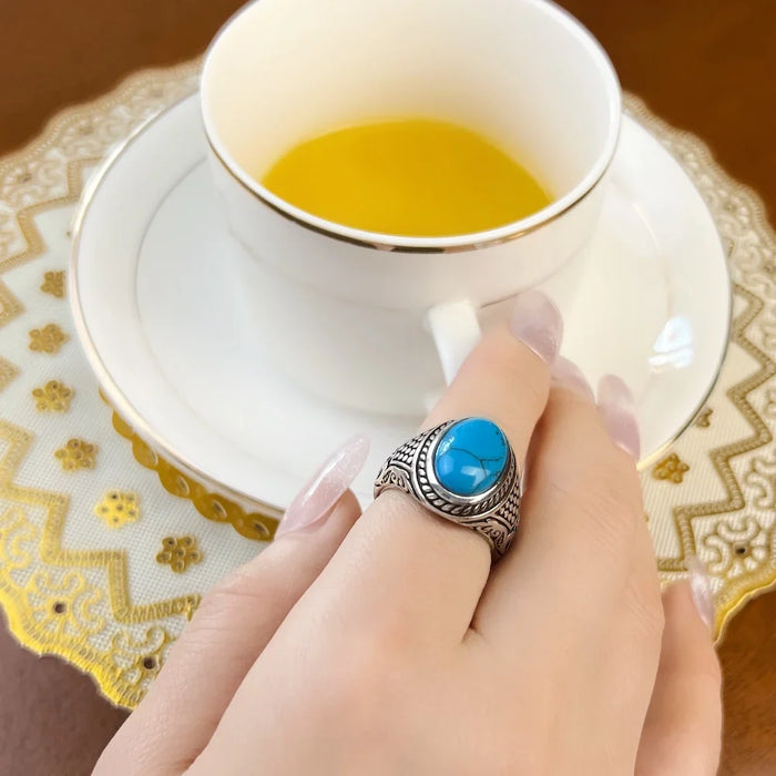 925 Sterling Silver Oval Blue Lucky Ring For Women Men Autumn Energetic