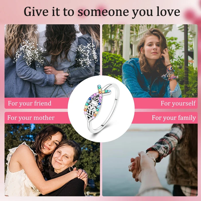 925 Sterling Silver Jesus & Fish Ring Coloured Zirconium Luxury Bands For Women Party Anniversary Wedding Gift