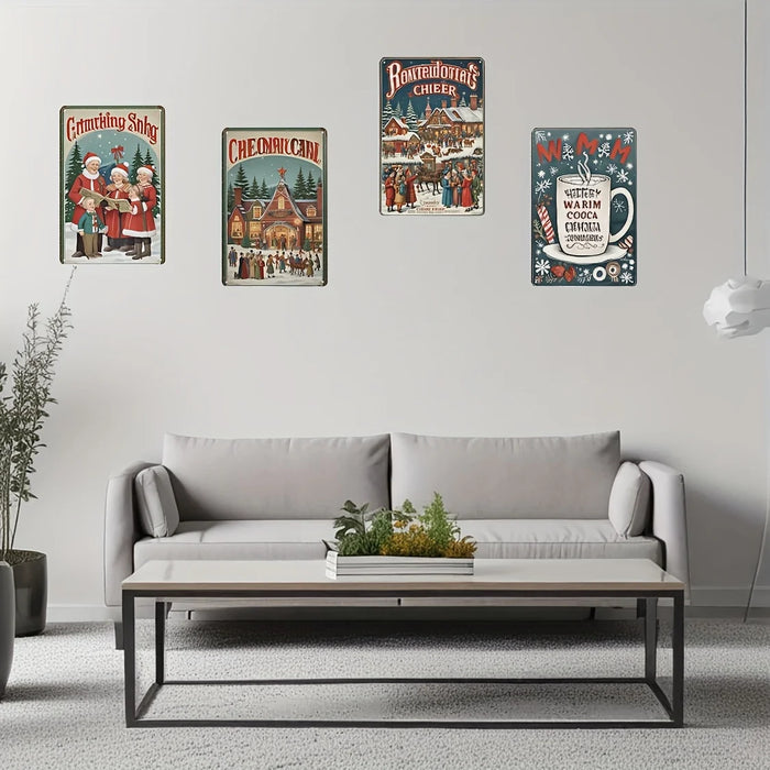 Set Of 4 Vintage Metal Christmas Tin Signs