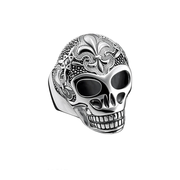 925 Sterling Silver Vintage Blackened Lily Skull Ring Men / Women