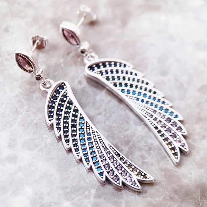 925 Sterling Silver Rainbow Hummingbird Wing Earrings Boho For Women